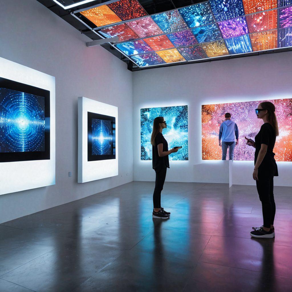 A digital art gallery with futuristic displays showcasing vibrant, high-resolution artworks emerging from pixelated origins, surrounded by an elegant, modern design with holographic effects. Visitors wearing augmented reality glasses are interacting with the displays. Super-realistic. Vibrant colors. White background.