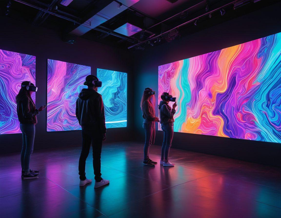 A futuristic digital art gallery filled with vibrant holographic paintings and 3D sculptures, with people wearing VR headsets exploring the exhibits. A sleek and modern design with interactive touchscreen displays and neon lighting. Show a wide variety of art styles and mediums. super-realistic. vibrant colors. futuristic ambiance.